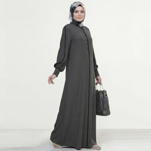 Charcoal Grey Classic Abaya with Smocked Cuffs – Elegant Button-Down Modest Office Wear
