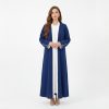 Refine your everyday wardrobe with our Classic Abaya, a versatile piece designed for the modern woman who values clean lines and effortless sophistication. This open-front abaya features a striking royal blue hue accented with a crisp white contrast trim along the lapels and cuffs, offering a polished look that transitions perfectly from the office to evening gatherings.