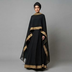 Make an unforgettable impression with our Black Cape Abaya, a masterpiece designed for the most prestigious occasions. This ensemble features a dramatic, floor-length cape overlay adorned with wide, intricate gold embroidery. The contrast between the deep onyx fabric and the radiant gold trim creates a regal silhouette that exudes confidence and timeless elegance.