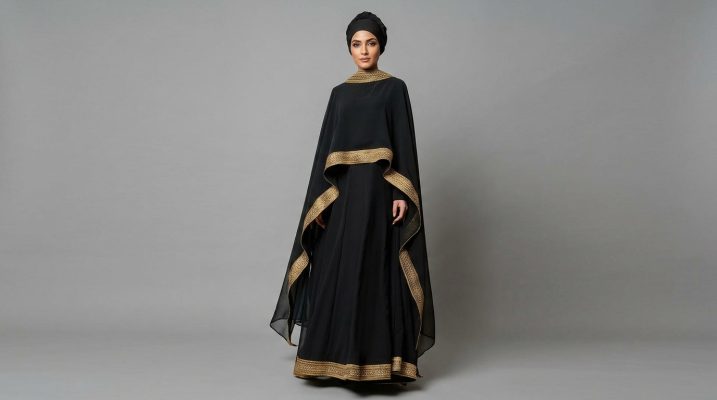 Make an unforgettable impression with our Black Cape Abaya, a masterpiece designed for the most prestigious occasions. This ensemble features a dramatic, floor-length cape overlay adorned with wide, intricate gold embroidery. The contrast between the deep onyx fabric and the radiant gold trim creates a regal silhouette that exudes confidence and timeless elegance.