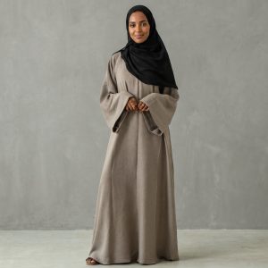 Elegant Taupe A-Line Abaya with Black Hijab Set - Premium Textured Fabric