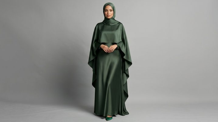 Make a regal statement with our Emerald Satin Cape Abaya. This piece is the definition of luxury, combining a deep, jewel-toned green with the liquid-like sheen of premium satin. The unique cape design adds a layer of sophisticated drama, making it the perfect ensemble for grand weddings, formal galas, and VIP celebrations.