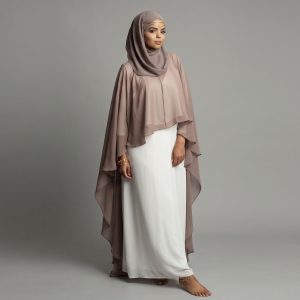 Elegant Two-Tone Cape Abaya – Dusty Rose Chiffon Overlay with White Inner Dress
