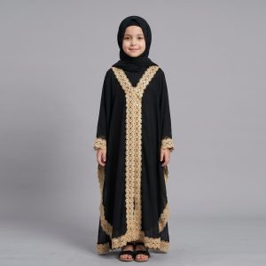 Elegant Black Abaya Kid with Gold Lace Trim - Modest Children's Evening Wear
